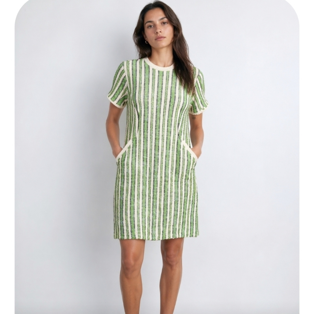 Vintage Handmade Textured Knit Mock Pockets Green Striped Dress Medium